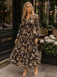 WOMEN'S LONG SLEEVE SURPLICE ELASTIC WAIST FLORAL PRINT MAXI DRESS