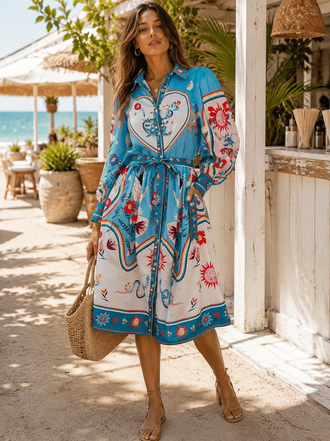 WOMEN'S LONG SLEEVE SELF TIE BUTTON UP MULTI PRINT MIDI DRESS