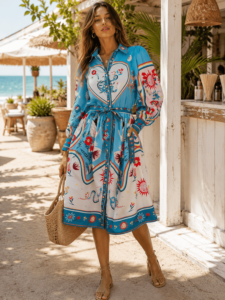WOMEN'S LONG SLEEVE SELF TIE BUTTON UP MULTI PRINT MIDI DRESS