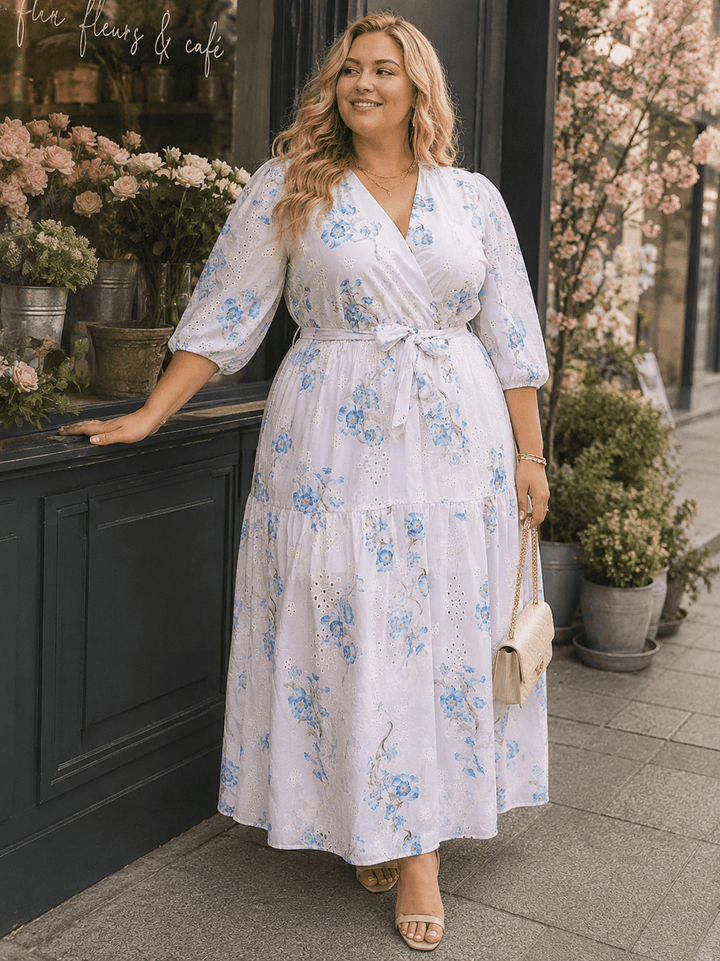 PLUS SIZE 3/4 SLEEVE SURPLICE SELF TIE EYELET FLORAL PRINT MAXI DRESS