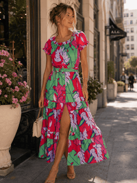 WOMEN'S SHORT SLEEVES RUFFLE TIERED BELTED MULTI PRINT MAXI DRESS