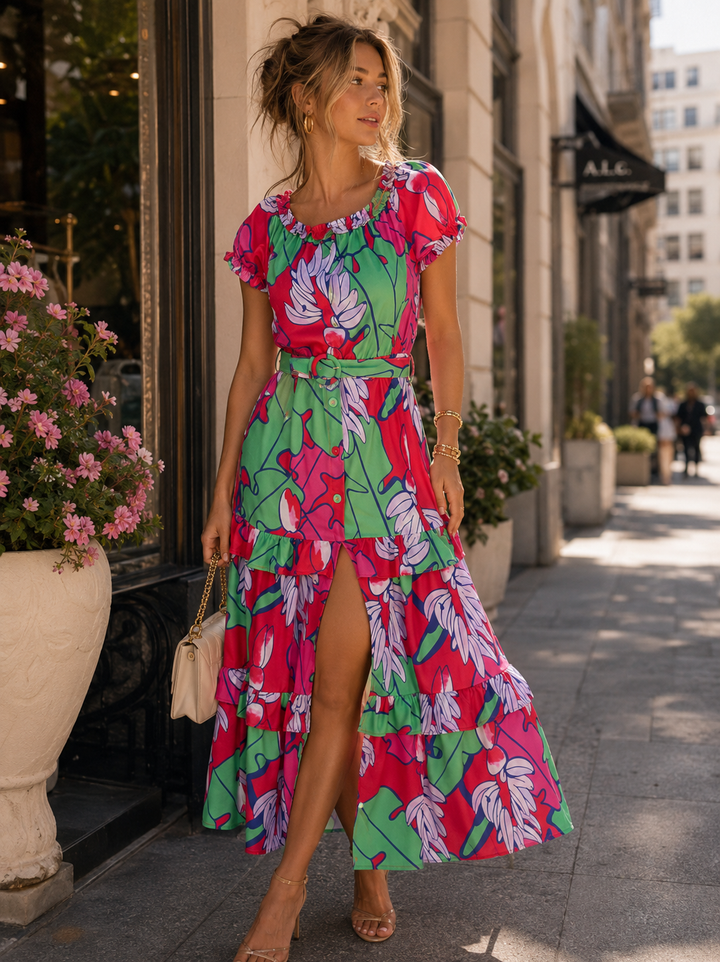 WOMEN'S SHORT SLEEVES RUFFLE TIERED BELTED MULTI PRINT MAXI DRESS