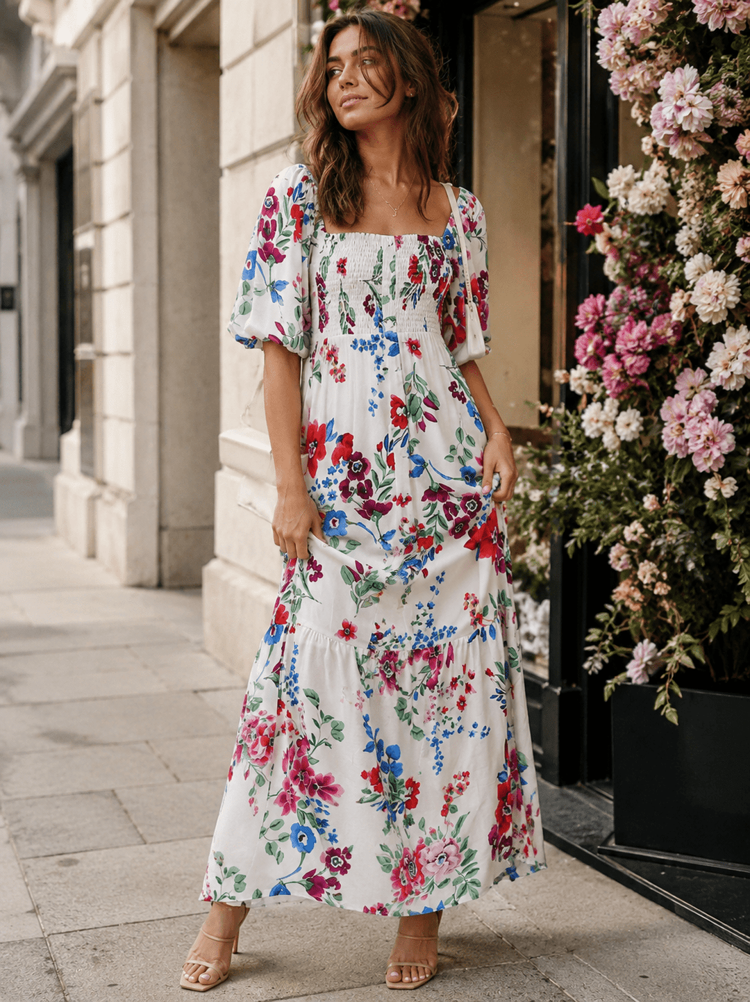 WOMEN'S SHORT SLEEVE SQUARE NECK SMOCK BUTTON UP LOOSE FIT TIERED FLORAL MAXI DRESS