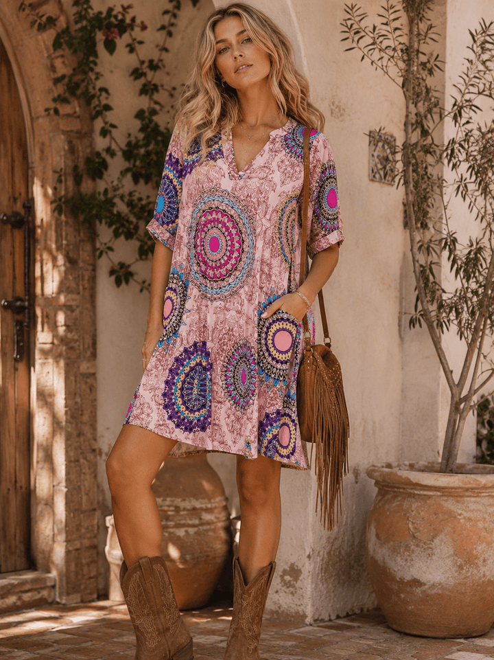 WOMEN'S SHORT SLEEVE V-NECK POCKETS MULTI PRINT TUNIC MINI DRESS