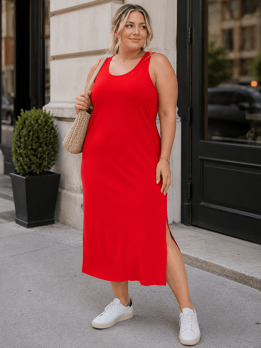 PLUS SIZE SLEEVELESS SIDE SLIT RIBBED MAXI DRESS