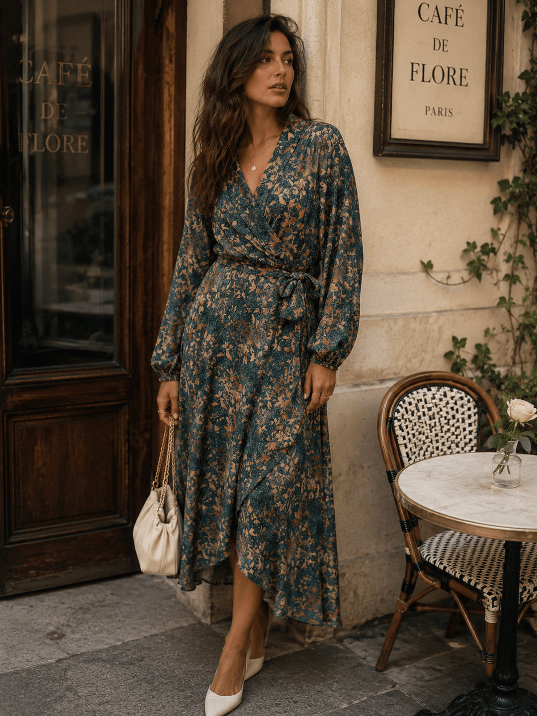 WOMEN'S LONG SLEEVE V-NECK SELF TIE LEAF PRINT WRAP MIDI DRESS