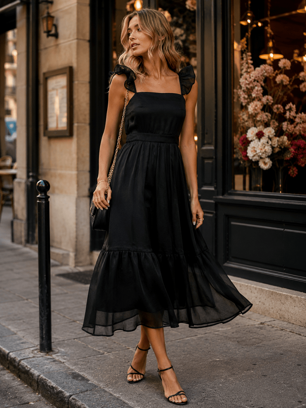 WOMEN'S SLEEVELESS SQUARE NECK SELF TIE TIERED MAXI DRESS