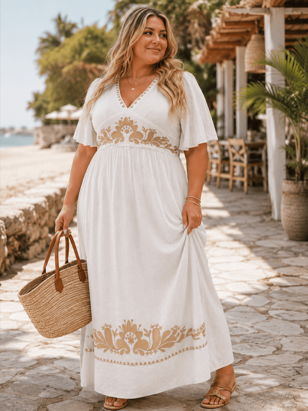 PLUS SIZE SHORT SLEEVE V-NECK ELASTIC WAIST EMBROIDERY MAXI DRESS