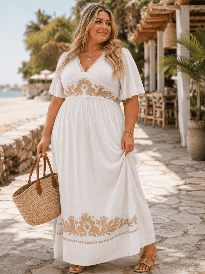 PLUS SIZE SHORT SLEEVE V-NECK ELASTIC WAIST EMBROIDERY MAXI DRESS