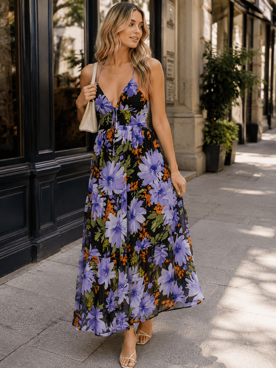 WOMEN'S SLEEVELESS ELASTIC WAIST OPEN BACK FLORAL MAXI DRESS