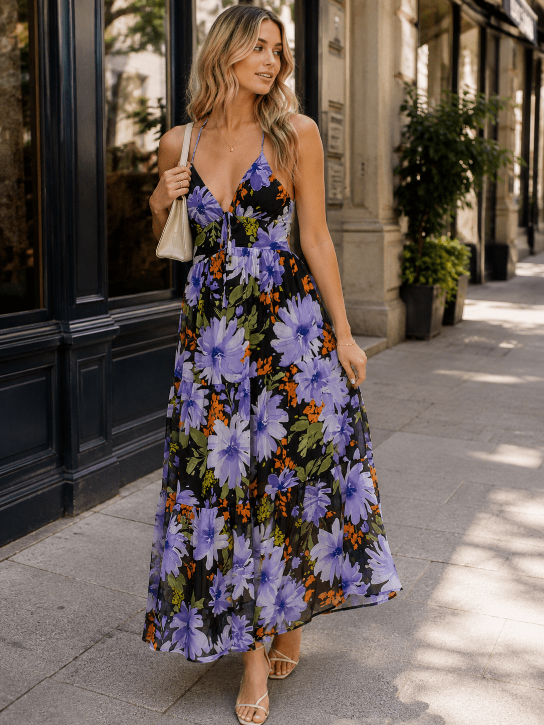 WOMEN'S SLEEVELESS ELASTIC WAIST OPEN BACK FLORAL MAXI DRESS