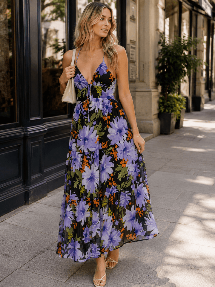 WOMEN'S SLEEVELESS ELASTIC WAIST OPEN BACK FLORAL MAXI DRESS