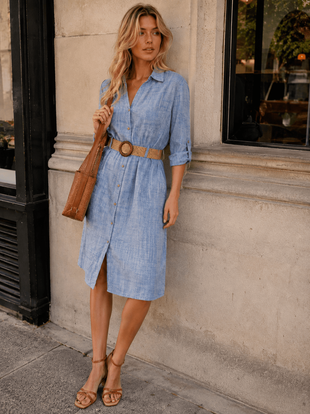 WOMEN'S LONG SLEEVE BUTTON UP BELTED FRONT POCKETS MIDI DRESS
