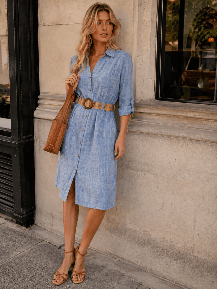 WOMEN'S LONG SLEEVE BUTTON UP BELTED FRONT POCKETS MIDI DRESS