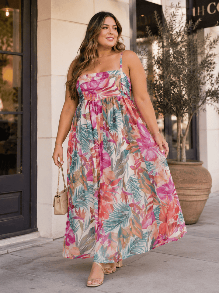 PLUS SIZE SLEEVELESS SMOCK FLORAL PRINT MAXI DRESS