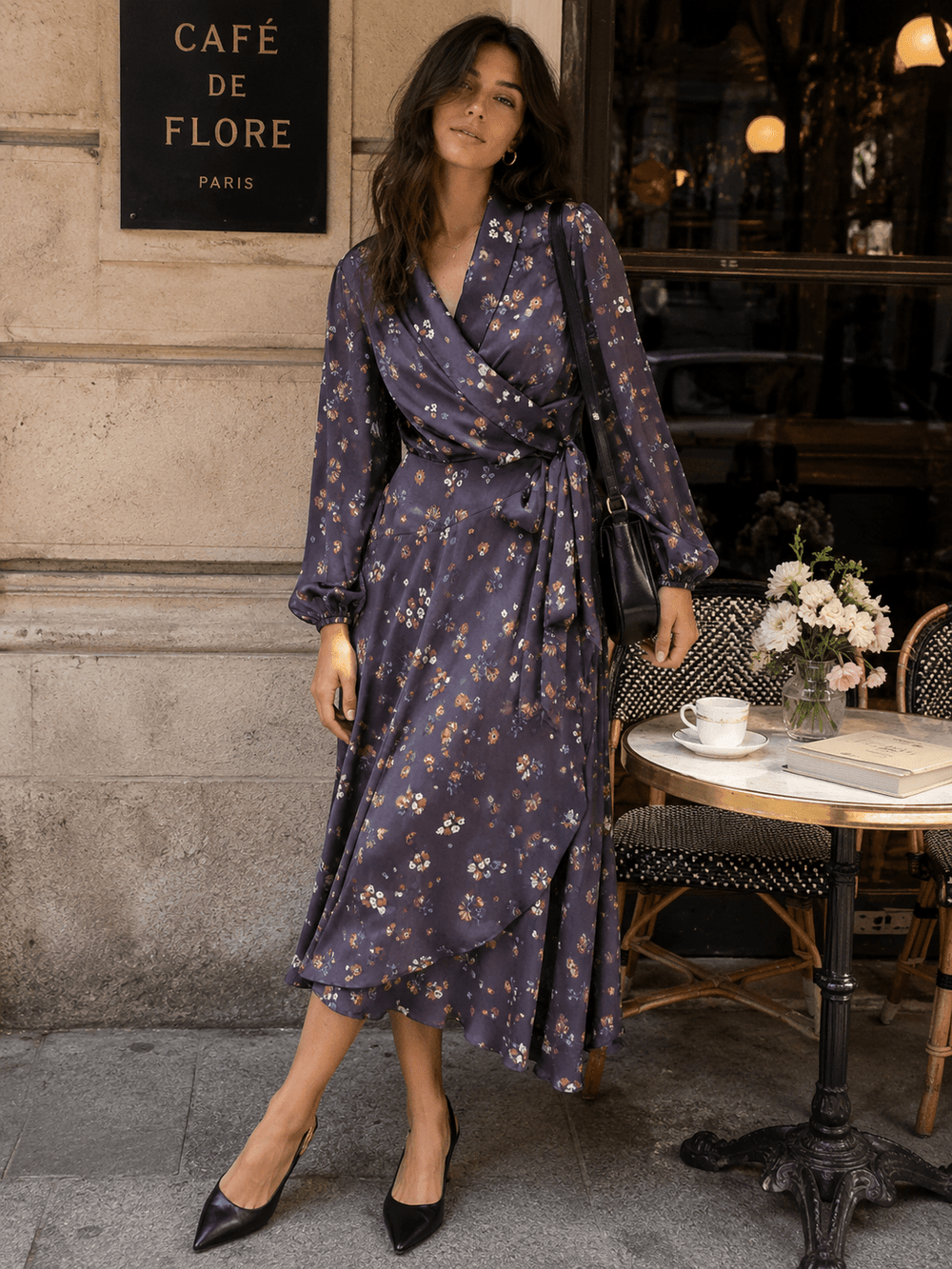 WOMEN'S LONG SLEEVE V-NECK SELF TIE FLORAL PRINT WRAP MIDI DRESS