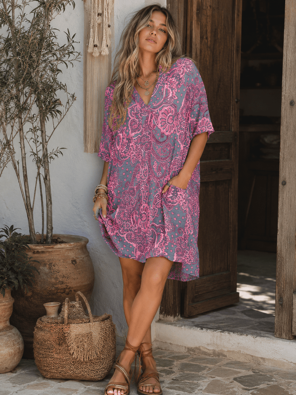 WOMEN'S SHORT SLEEVE V-NECK POCKETS TUNIC MULTI PRINT MINI DRESS