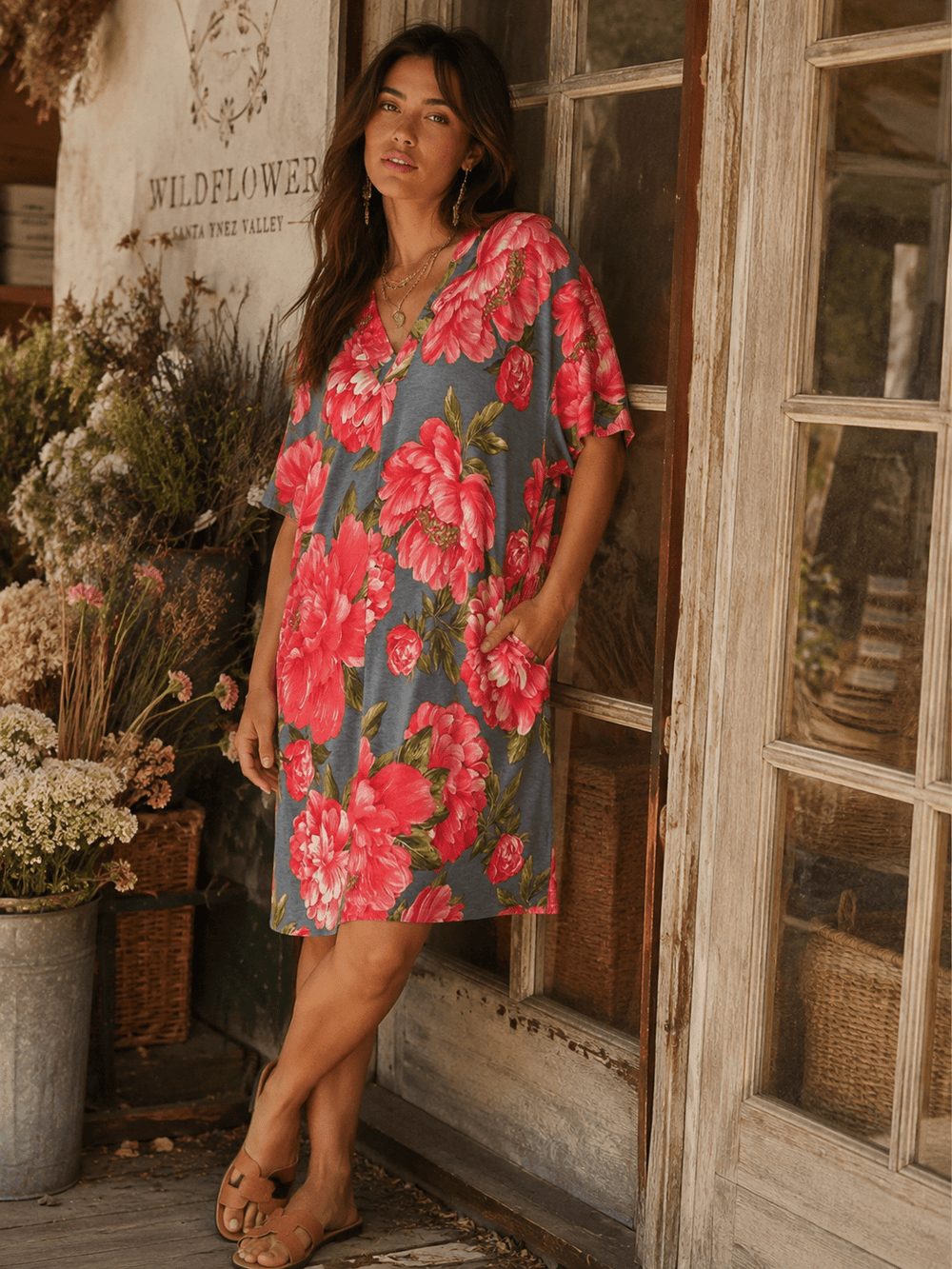 WOMEN'S SHORT SLEEVE V-NECK POCKETS FLORAL PRINT TUNIC MINI DRESS