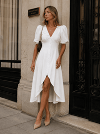 WOMEN'S SHORT PUFF SLEEVES V-NECK HIGH-LOW MIDI DRESS