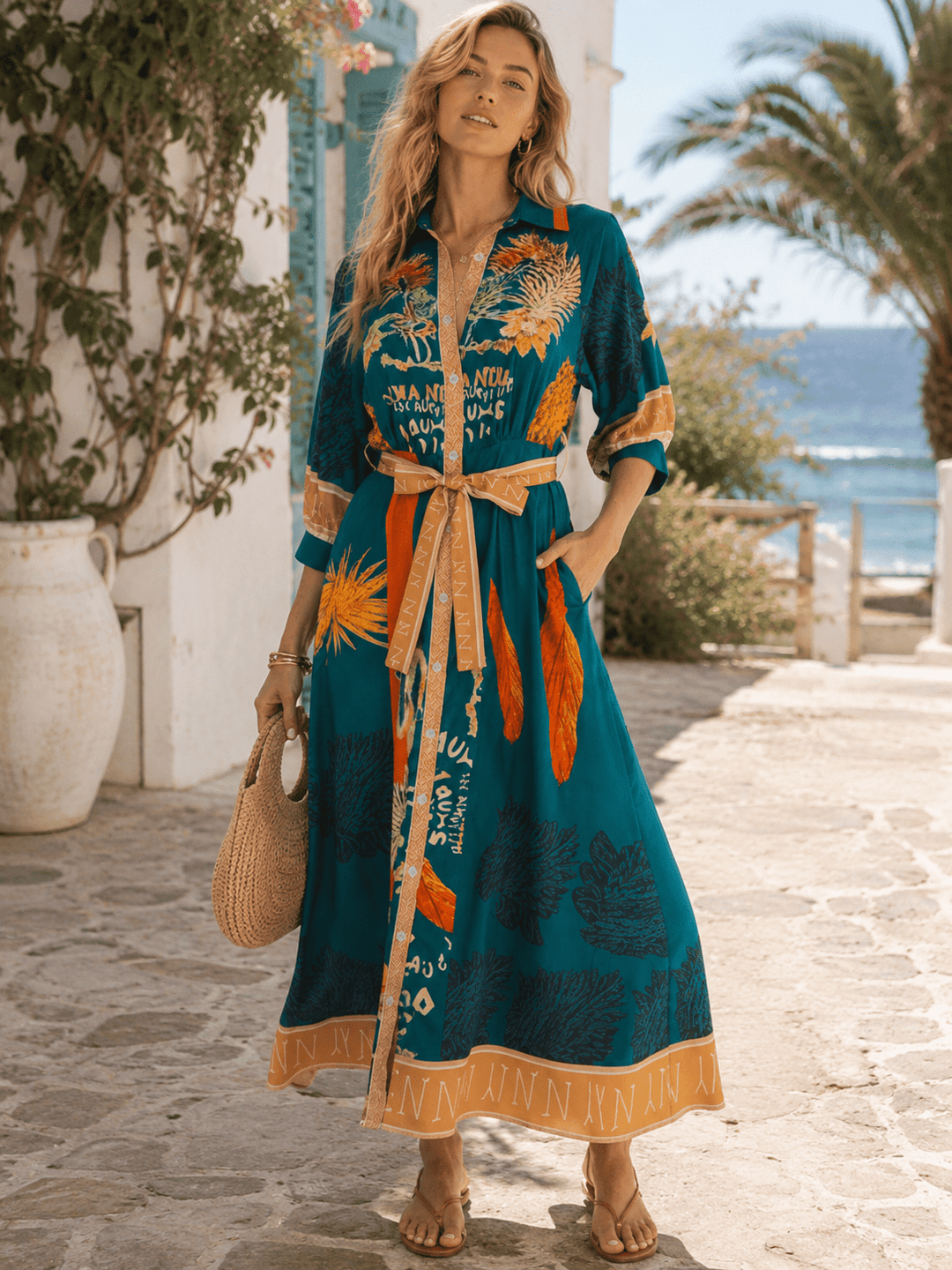WOMEN'S 3/4 SLEEVE BUTTON UP SELF TIE FRONT POCKETS MULTI PRINT MAXI DRESS