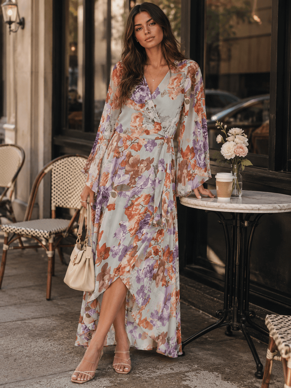 WOMEN'S LONG BELL SLEEVE SELF TIE HIGH-LOW FLORAL WRAP MAXI DRESS