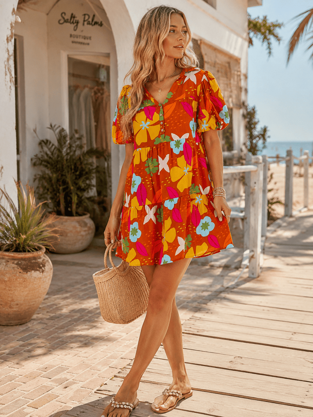 WOMEN'S SHORT PUFF SLEEVE V-NECK BUTTON UP POCKETS FLORAL MINI DRESS