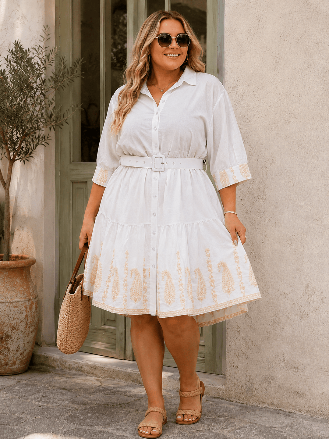 PLUS SIZE SHORT SLEEVE BUTTON UP BELTED EMBROIDERY MIDI DRESS