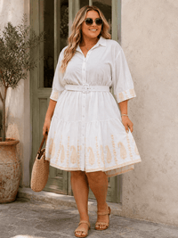 PLUS SIZE SHORT SLEEVE BUTTON UP BELTED EMBROIDERY MIDI DRESS