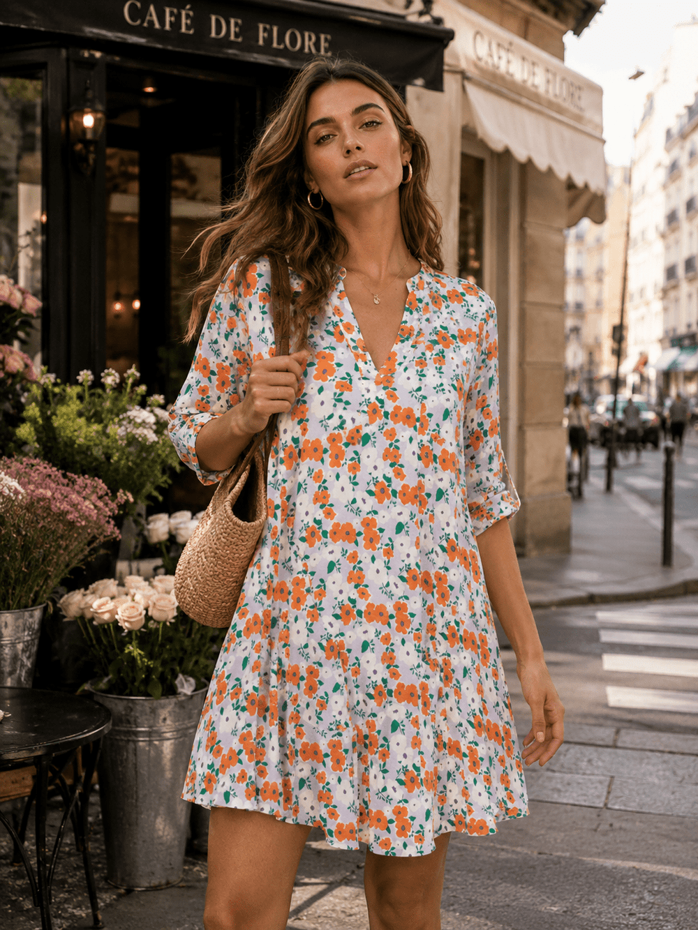 WOMEN'S SHORT SLEEVE V-NECK POCKETS FLORAL PRINT TUNIC MINI DRESS