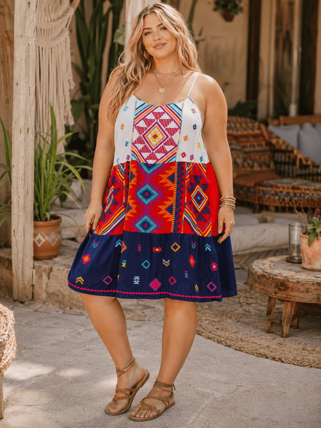 PLUS SIZE SLEEVELESS EMBROIDERY MULTI PRINT MIDI DRESS
