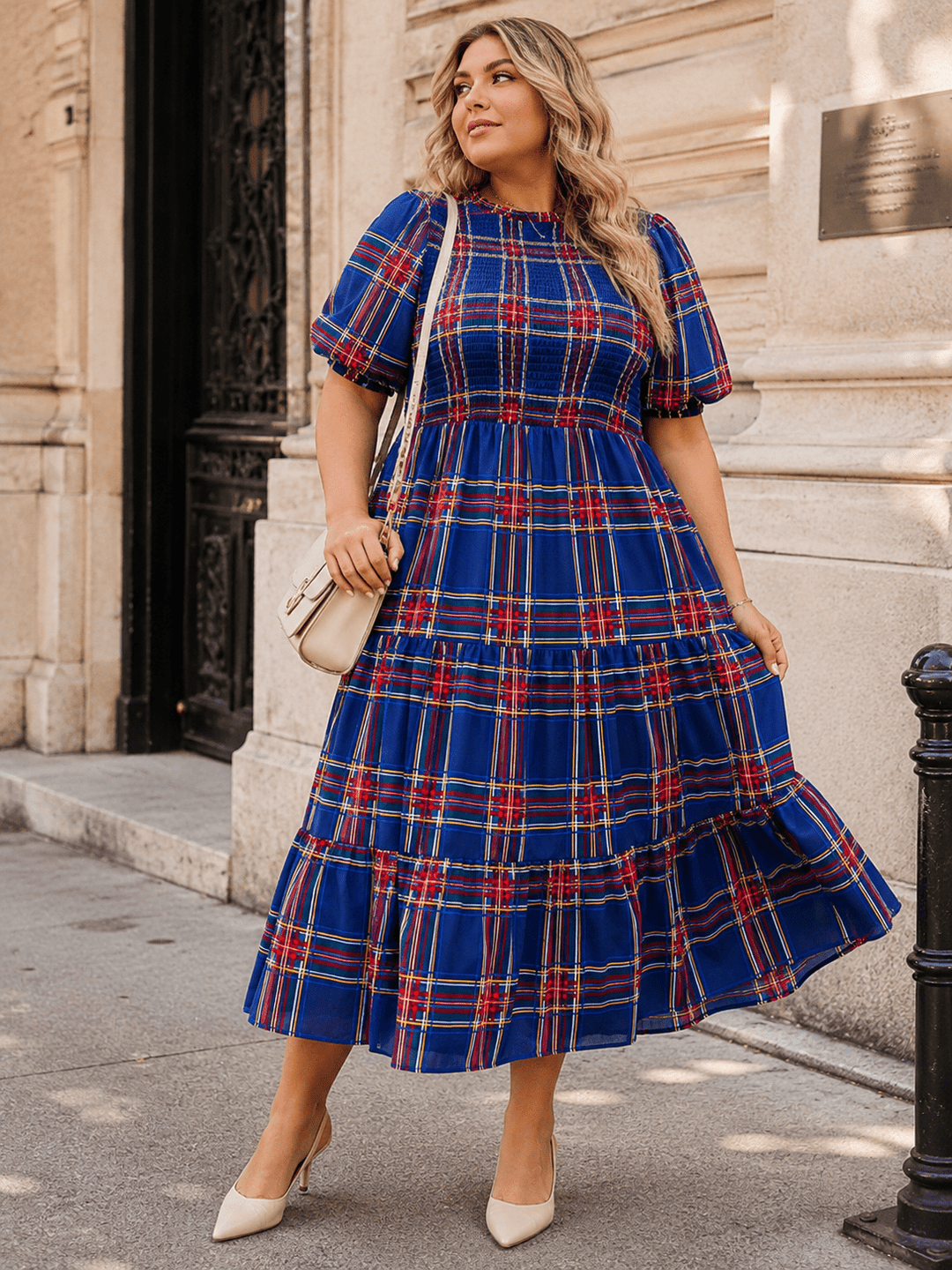 PLUS SIZE SHORT SLEEVE SMOCK PLAID TIERED MAXI DRESS