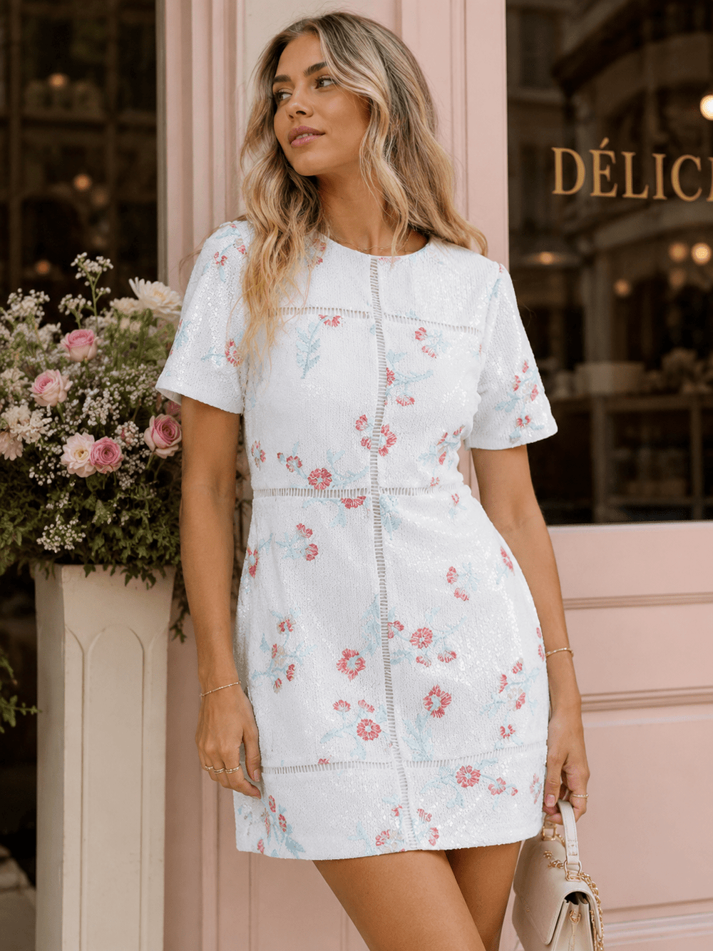 WOMEN'S SHORT SLEEVE BODYCON FLORAL SEQUINS MINI DRESS