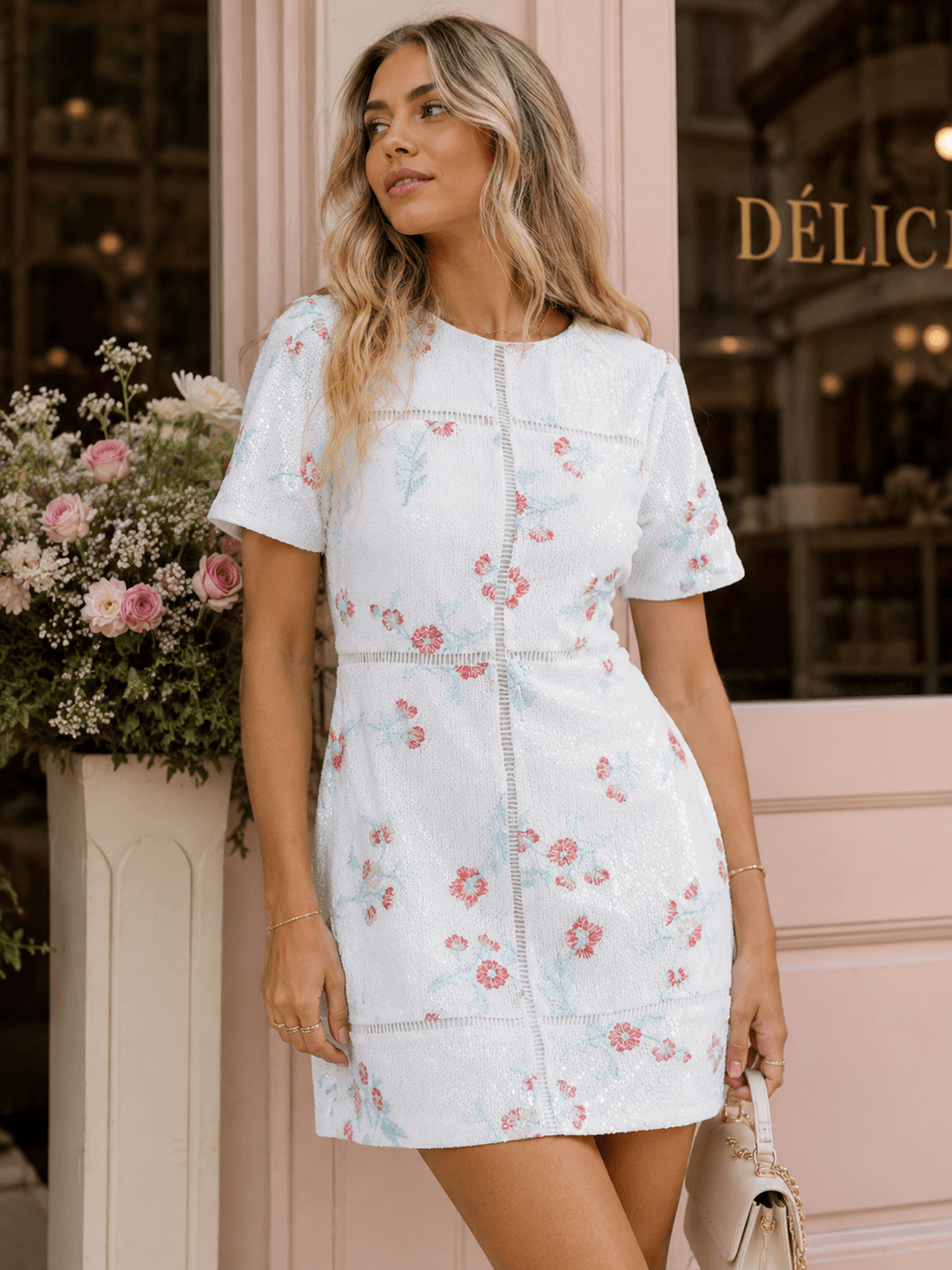 WOMEN'S SHORT SLEEVE BODYCON FLORAL SEQUINS MINI DRESS