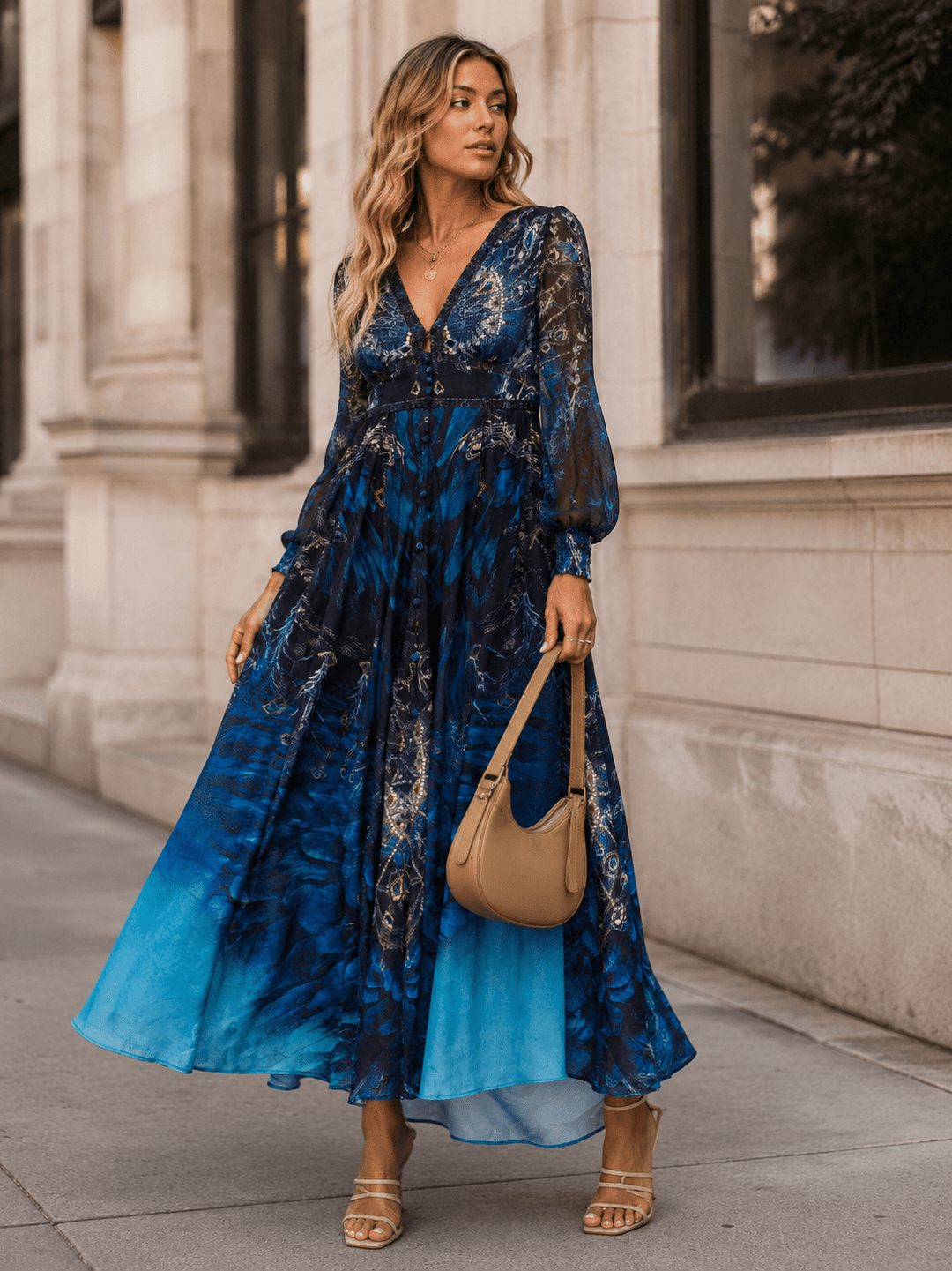 WOMEN'S LONG SLEEVE V-NECK FRONT POCKETS MULTI PRINT MAXI DRESS