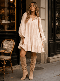 WOMEN'S LONG SLEEVE V-NECK SMOCK FLORAL SWISS TIERED MINI DRESS