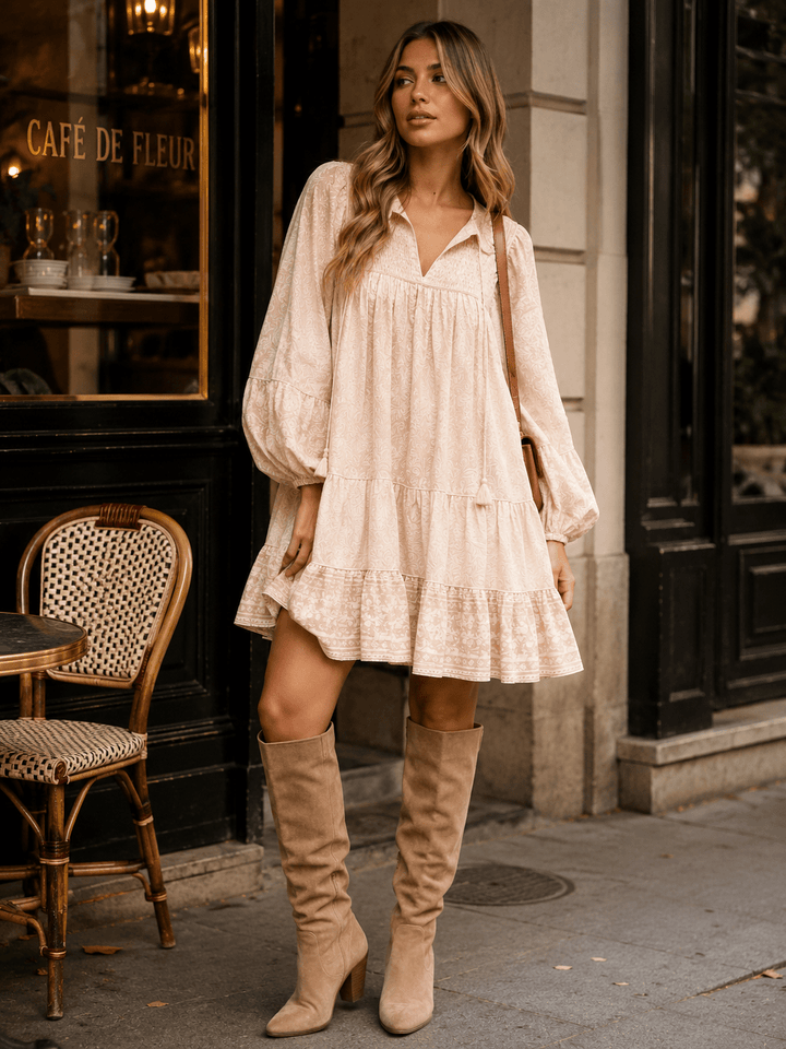 WOMEN'S LONG SLEEVE V-NECK SMOCK FLORAL SWISS TIERED MINI DRESS