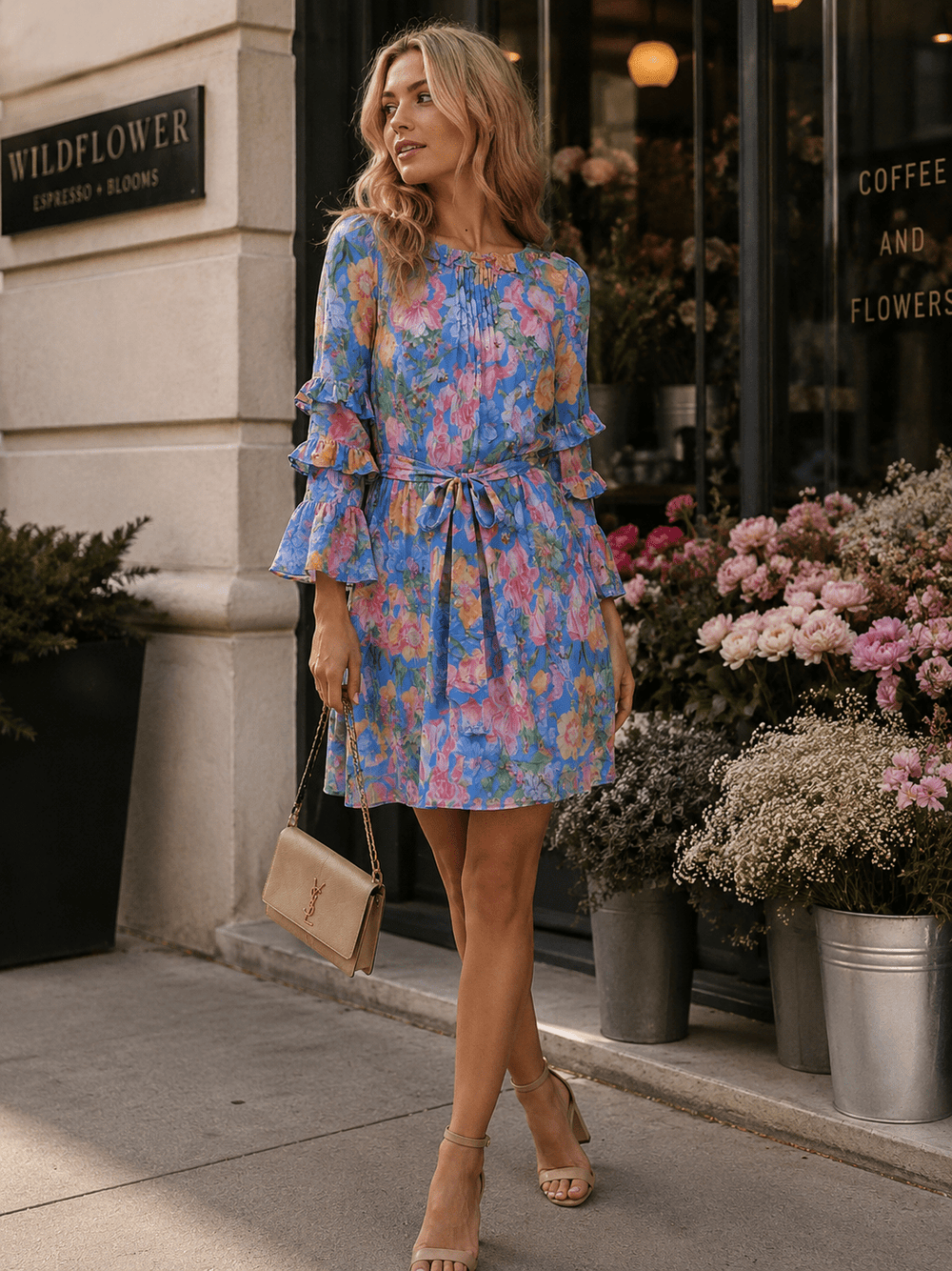 WOMEN'S 3/4 RUFFLE SLEEVE SELF TIE FLORAL MINI DRESS