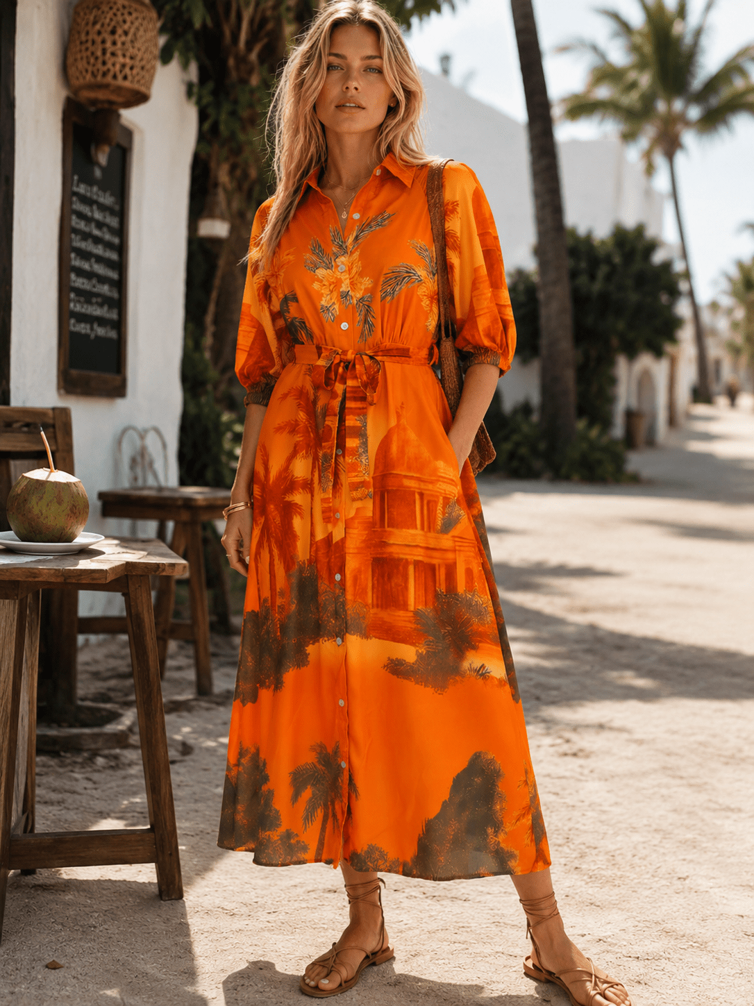 WOMEN'S 3/4 SLEEVE BUTTON UP SELF TIE FRONT POCKETS MULTI PRINT MAXI DRESS