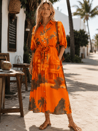 WOMEN'S 3/4 SLEEVE BUTTON UP SELF TIE FRONT POCKETS MULTI PRINT MAXI DRESS