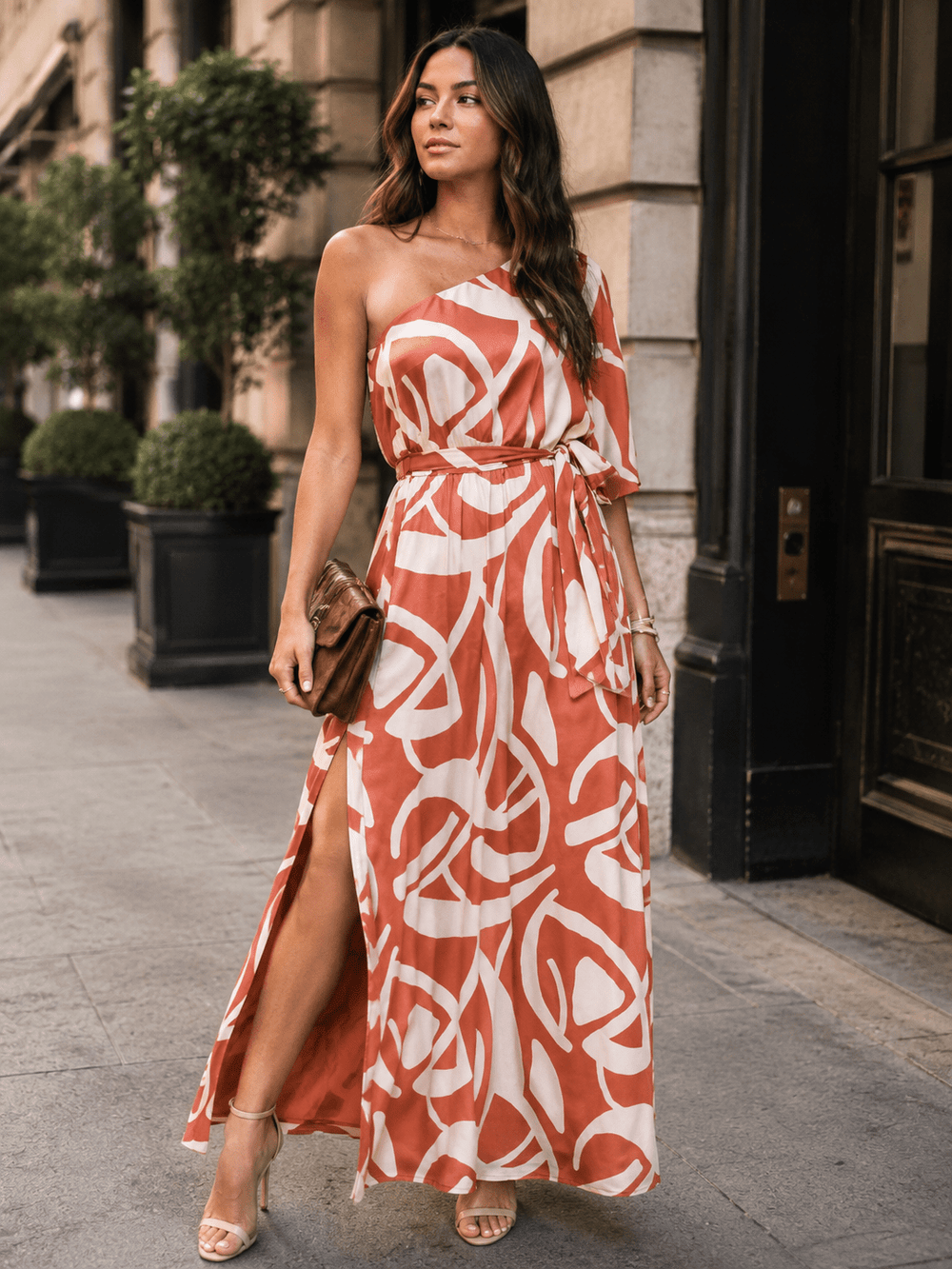 WOMEN'S ONE SHOULDER ELASTIC WAIST MULTI PRINT MAXI DRESS