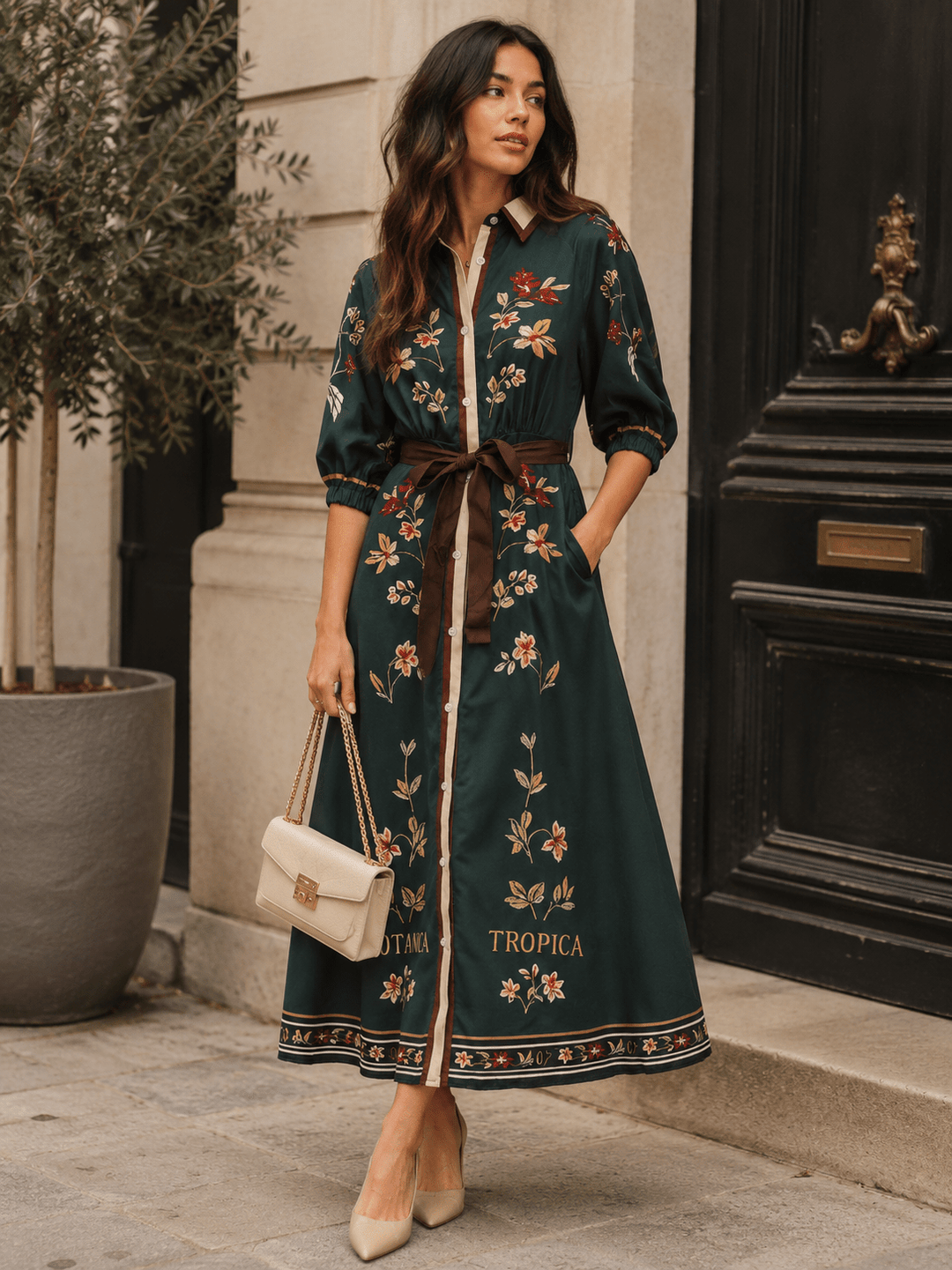 WOMEN'S 3/4 SLEEVE BUTTON UP SELF TIE FRONT POCKETS MULTI PRINT MAXI DRESS
