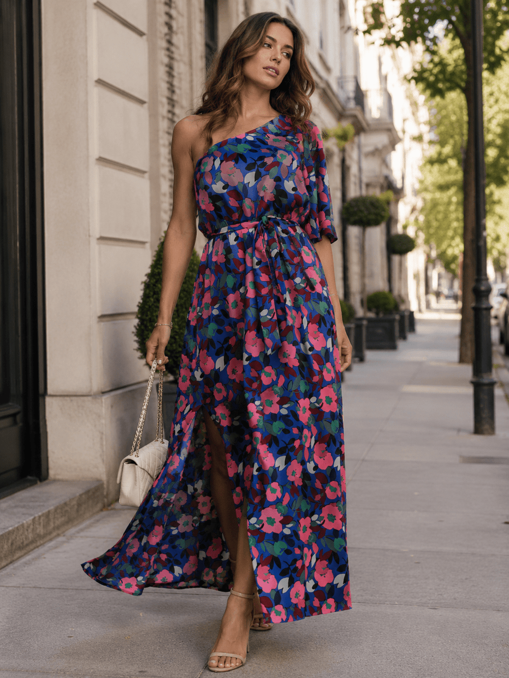 WOMEN'S ONE SHOULDER ELASTIC WAIST FLORAL PRINT MAXI DRESS