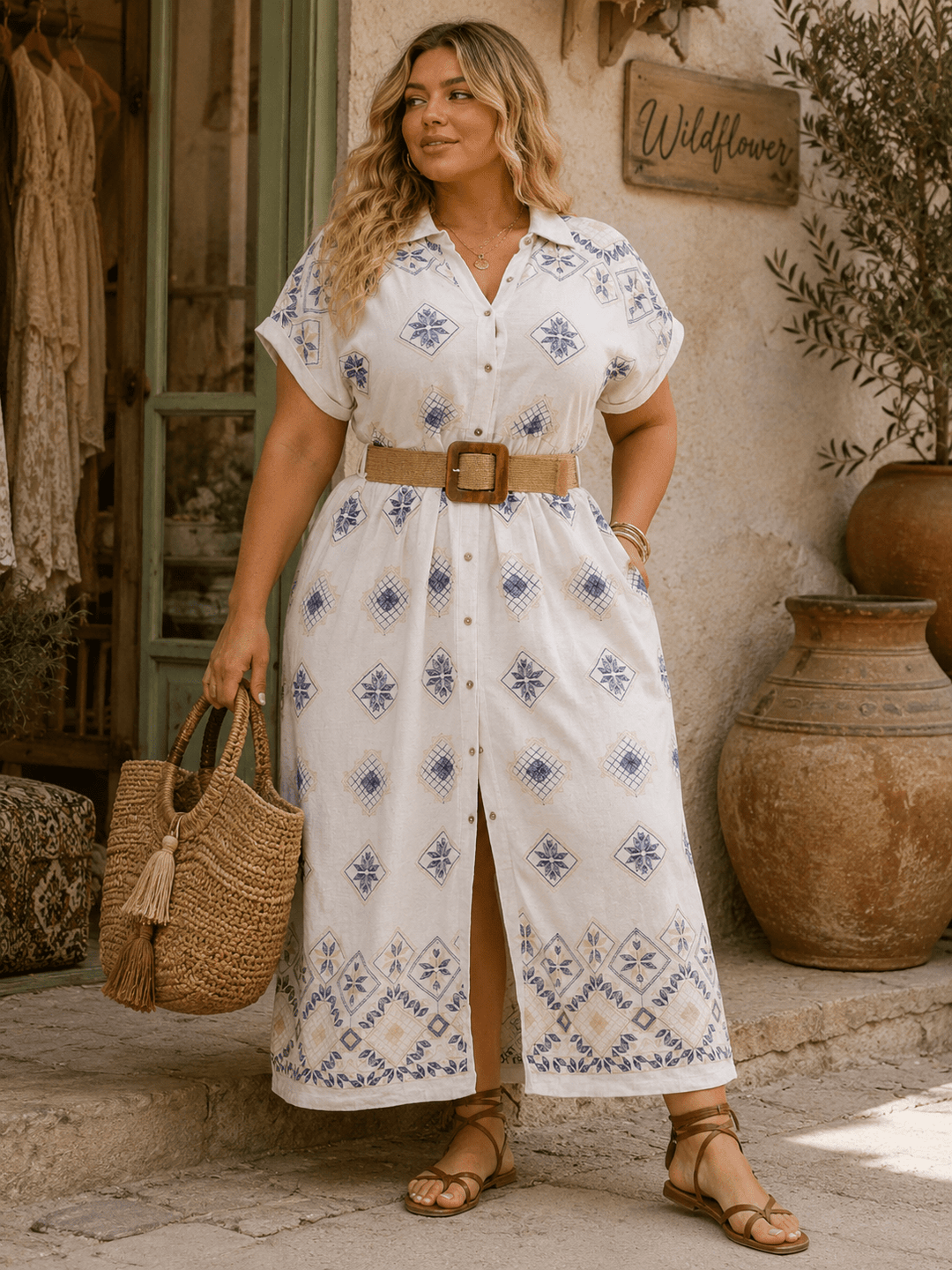 PLUS SIZE SHORT SLEEVE BUTTON UP BELTED EMBROIDERY MAXI DRESS