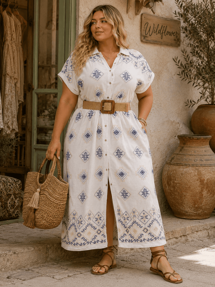 PLUS SIZE SHORT SLEEVE BUTTON UP BELTED EMBROIDERY MAXI DRESS