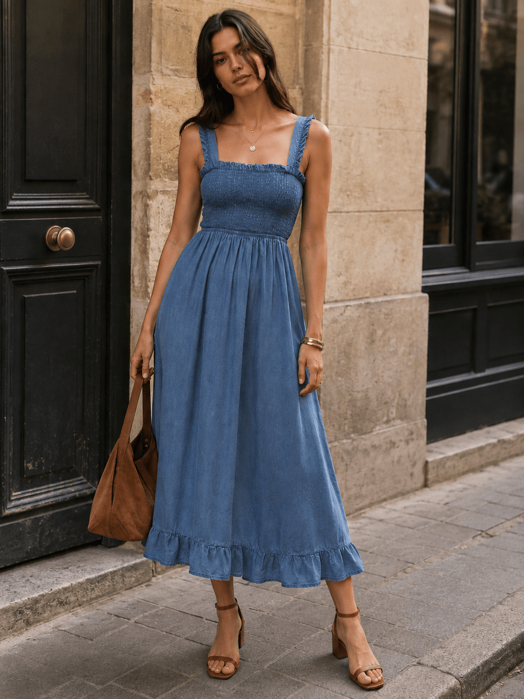 WOMEN'S SLEEVELESS SMOCK RUFFLE BOTTOM HEM CHAMBRAY MIDI DRESS
