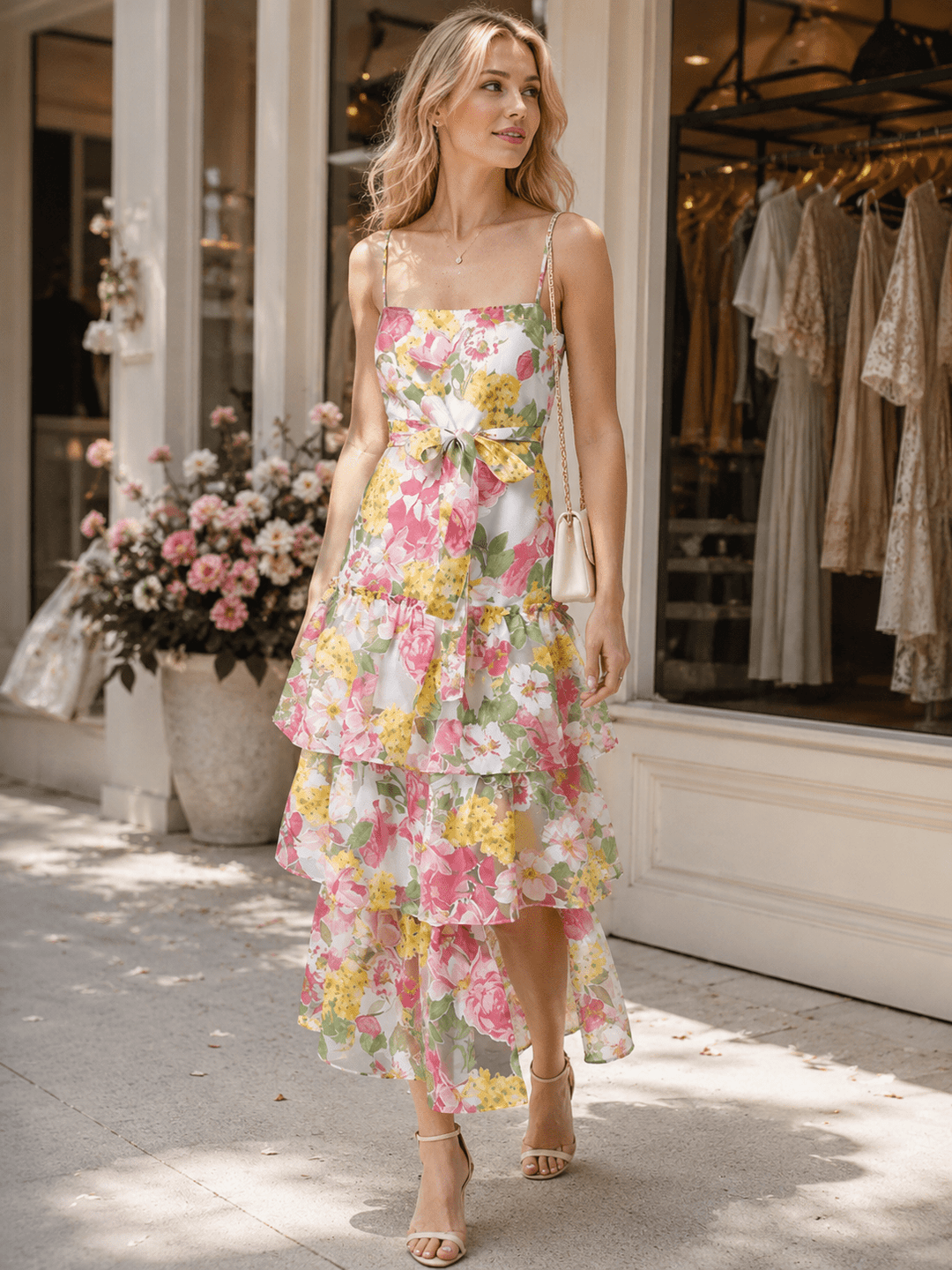 WOMEN'S SLEEVELESS RUFFLE TIERED FLORAL MAXI DRESS