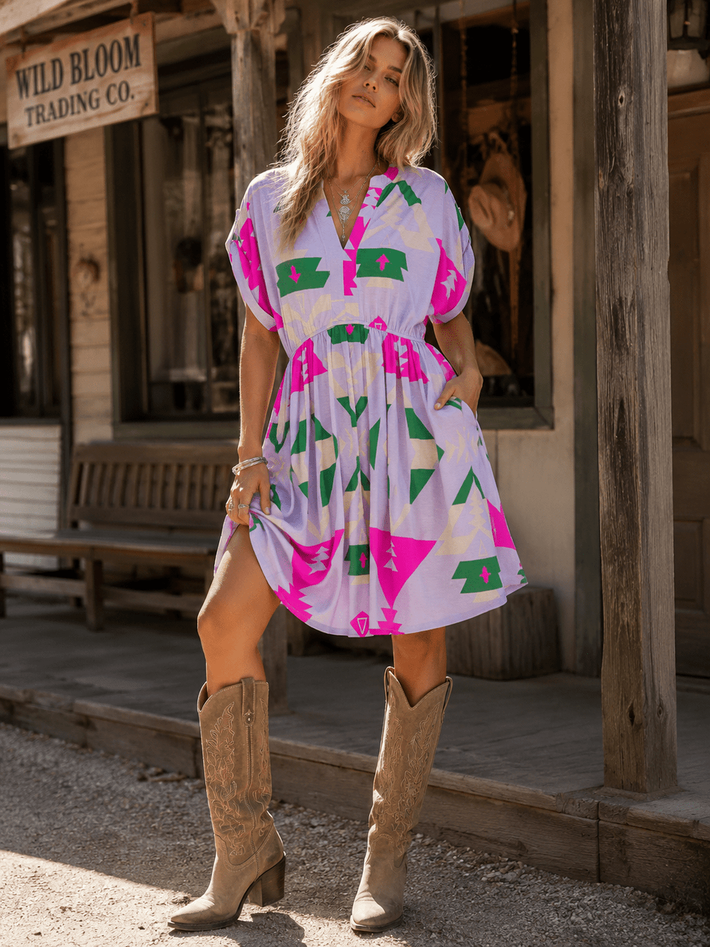 WOMEN'S SHORT SLEEVE V-NECK ELASTIC WAIST MULTI PRINT MINI DRESS