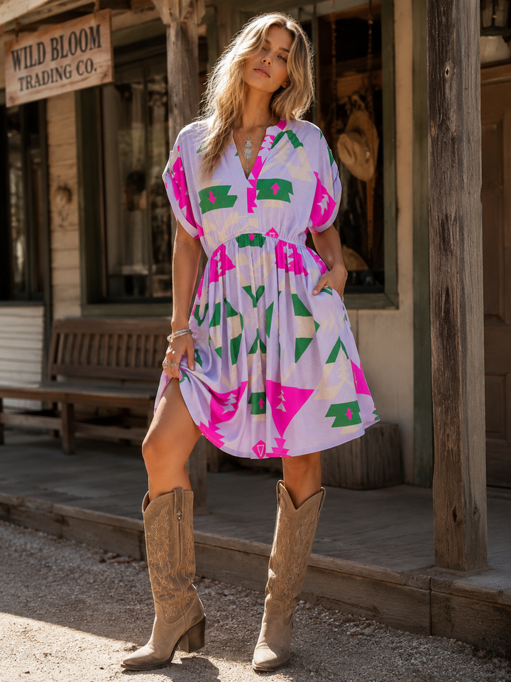 WOMEN'S SHORT SLEEVE V-NECK ELASTIC WAIST MULTI PRINT MINI DRESS