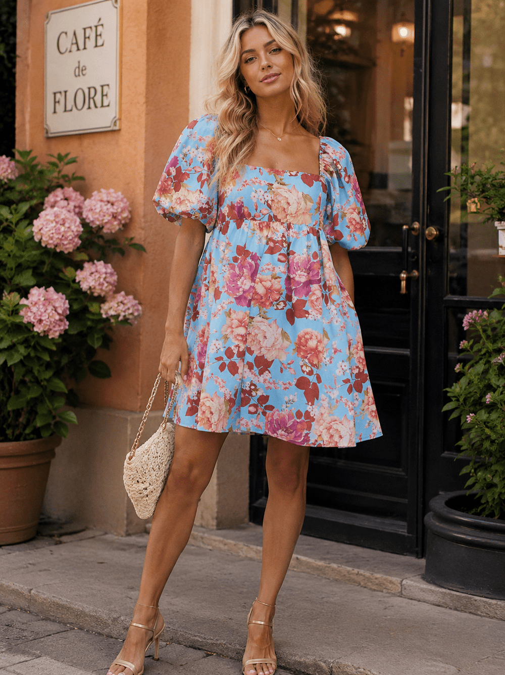 WOMEN'S SHORT PUFF SLEEVE SQUARE NECK BUBBLE BOTTOM HEM FLORAL MINI DRESS