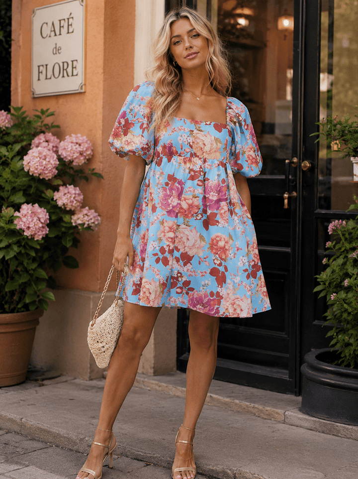 WOMEN'S SHORT PUFF SLEEVE SQUARE NECK BUBBLE BOTTOM HEM FLORAL MINI DRESS